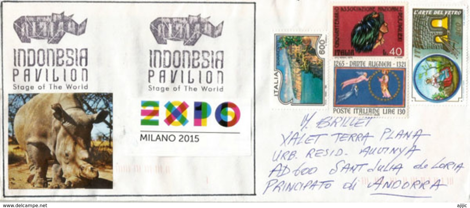 INDONESIE. EXPO  MILANO 2015.belle Lettre Du Pavillon Indonésien, Rhinocéros De Java, Adressée En ANDORRE - Rinoceronti