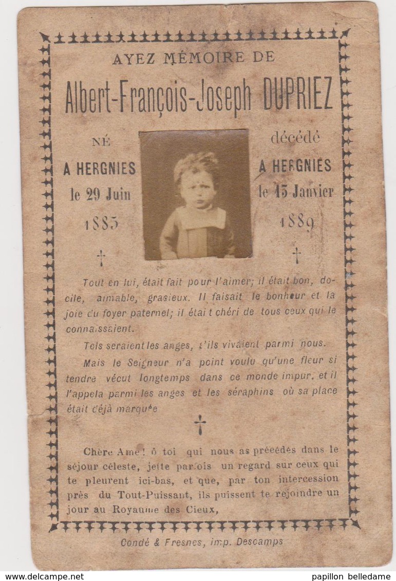HERGNIES  Faire-part De Décès  Albert-François-Joseph DUPRIEZ   1883/1889 - Obituary Notices