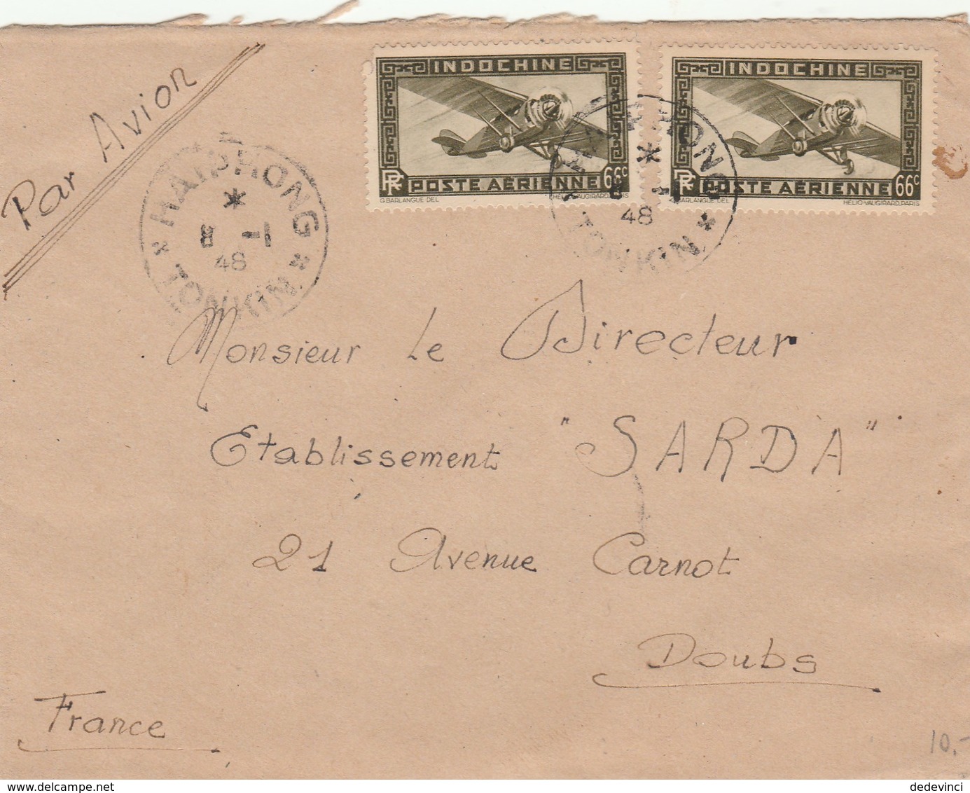 Lettrede Haiphong Tonkin De 1948 Pour La France - Poste Aérienne