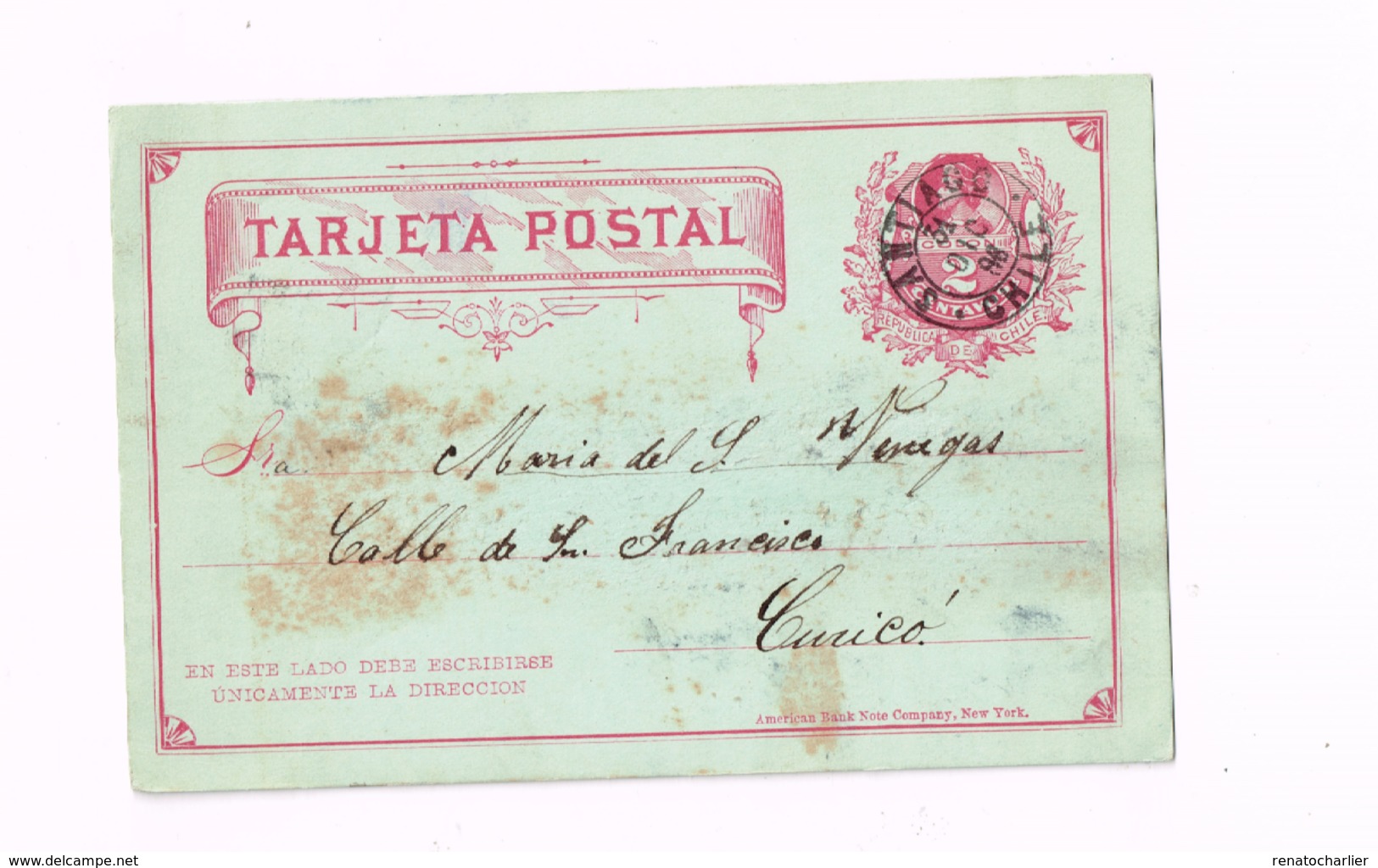 Entier Postal à 2 Centavos.Expédié De Santiago à Curico. - Chili