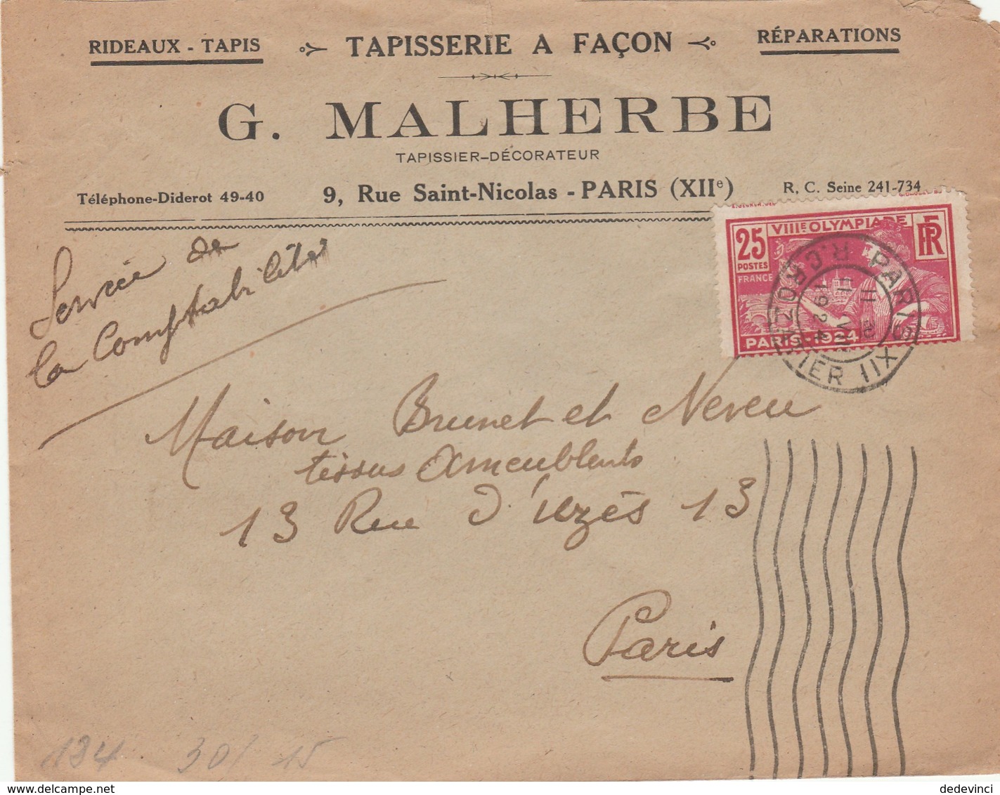 Lettre Aff JO 1924 : Signature Graveur En Haut Du Timbre - 1921-1960: Moderne