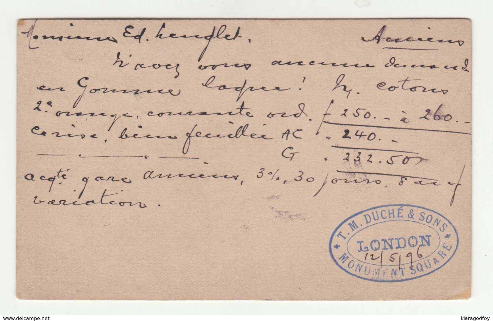 T.M. Duché & Sons, London Postcard Travelled 1896 B190401 - Lettres & Documents