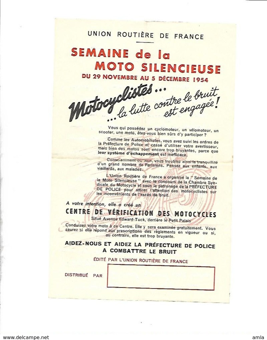 PUBLICITE UNION ROUTIERE DE FRANCE SEMAINE DE LA MOTO SILENCIEUSE 29 NOVEMBRE AU 5 DECEMBRE 1954 LUTTE CONTRE LE BRUIT - Advertising