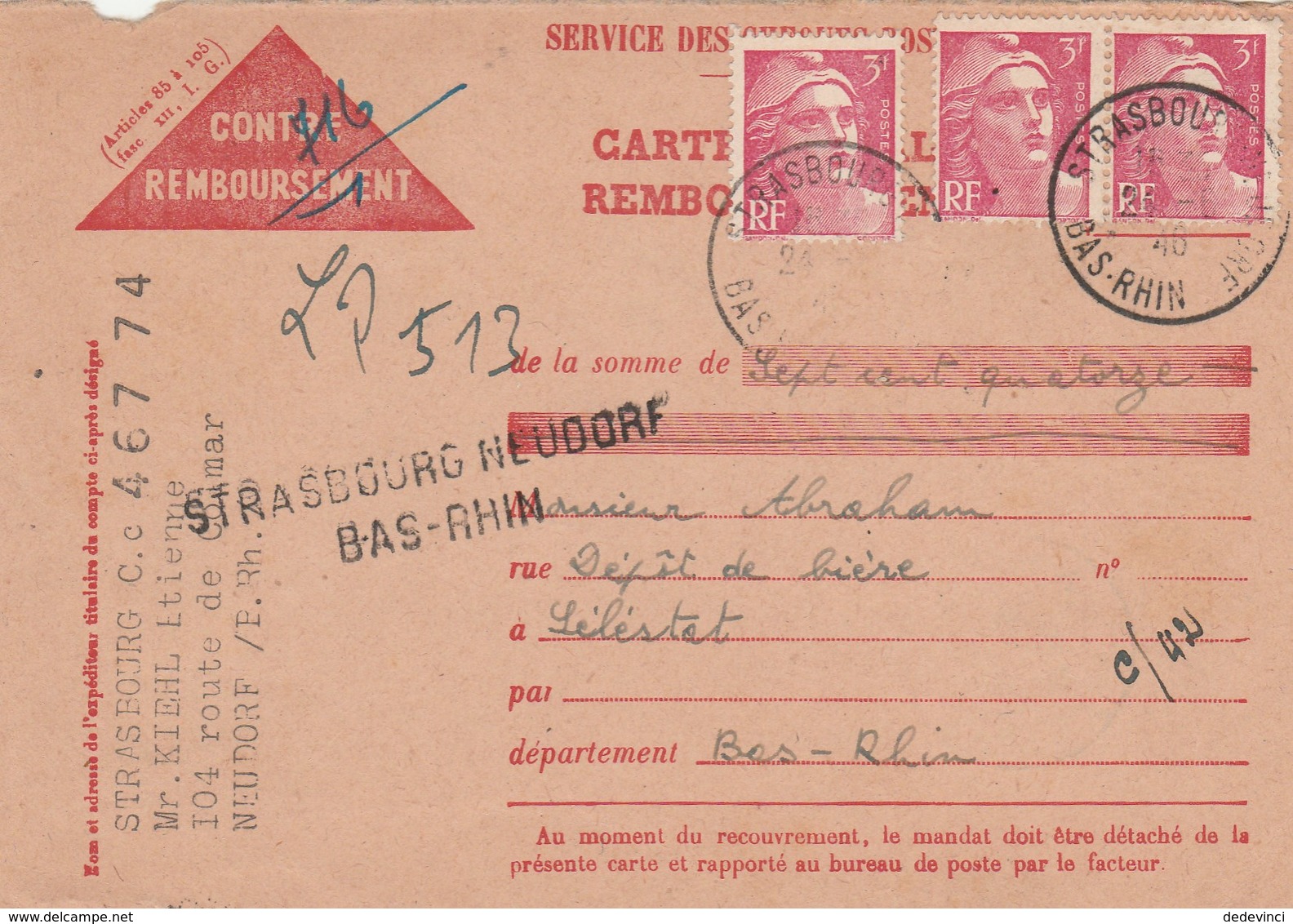 Carte Contre Remb. : Aff. Provisoire : Strasbourg Neudorf Bas-Rhin Pour Selestat - 1921-1960: Periodo Moderno