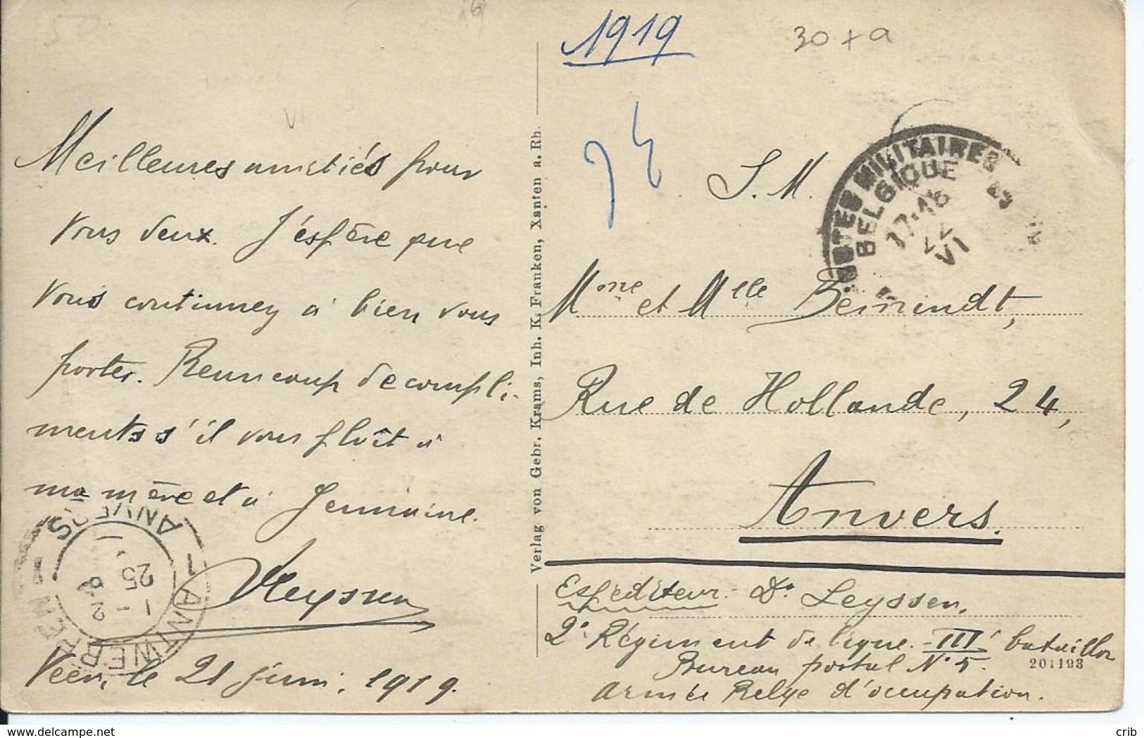 Portvrije Zichtkaart Veen - Afstempeling LEGERPOSTERIJ 5  22.VI.1919 - OC38/54 Occupation Belge En Allemagne
