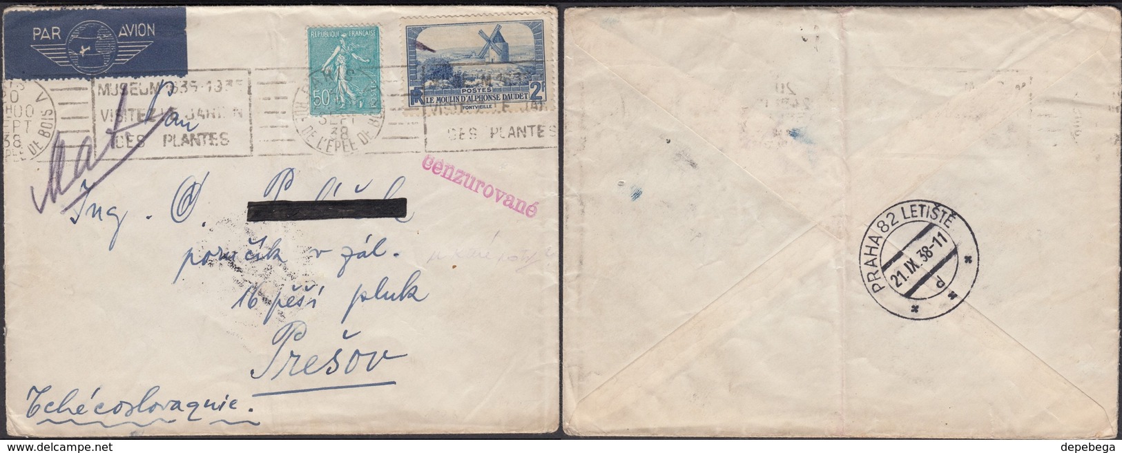 France - Air Mail, Poste Aérienne. Censor 'CENZUROVANE', Paris 20.11.1938 - Prešov (Praha-Letiště ), Czechoslovakia. - Lettres & Documents