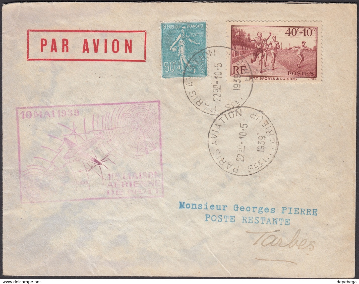 France - Air Mail, Poste Aérienne. 1ere LIAISON AÉRIENNE DE NUIT'. PARIS AVIATION 23.30h 10.5.1939 - Tarbes. - Lettres & Documents