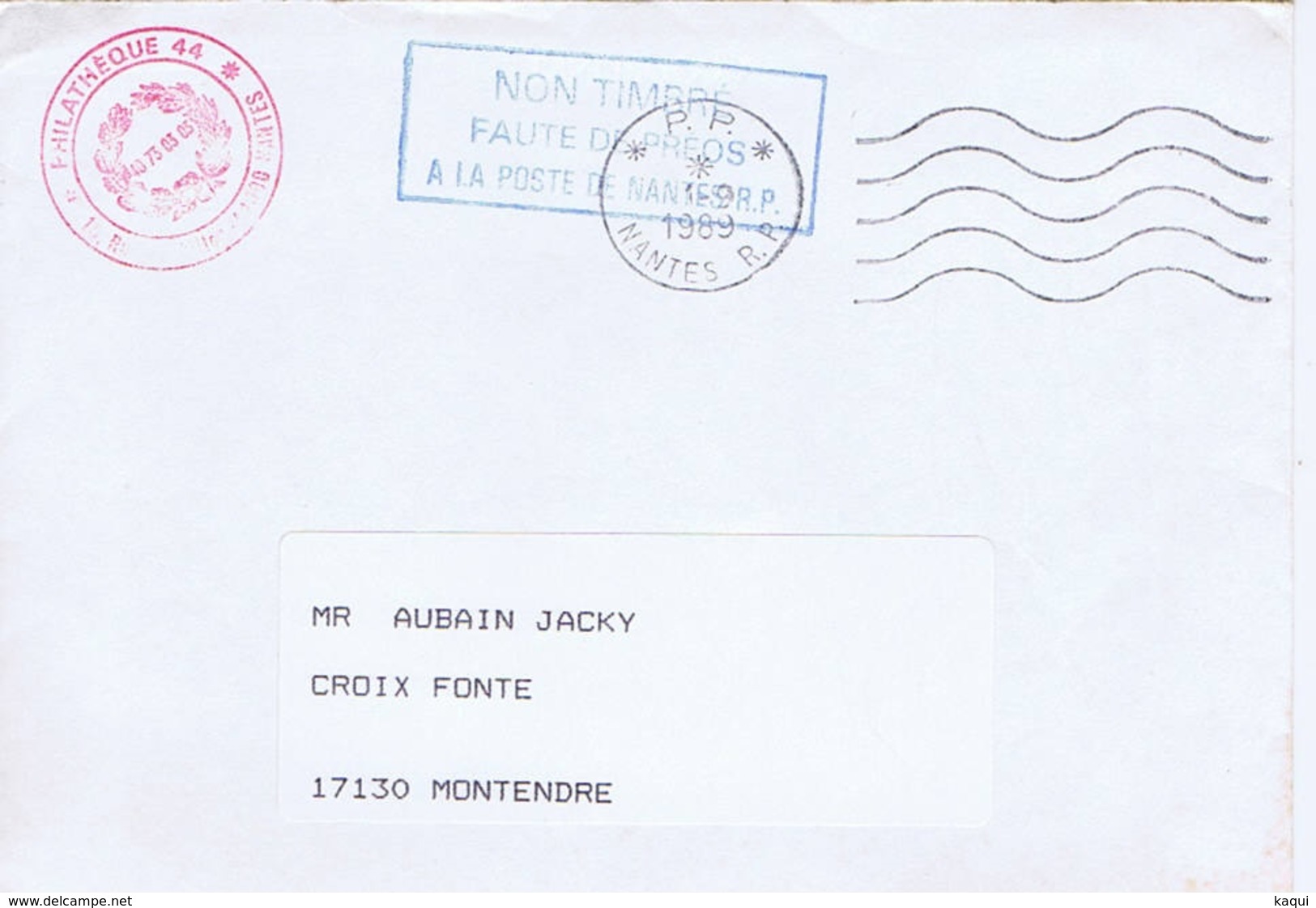 LOIRE-ATLANTIQUE - Port Payé NANTES R. P. De 1989 + Cachet Non Timbré Faute De Préos à La Poste De Nantes - Oblitérations Mécaniques (flammes)