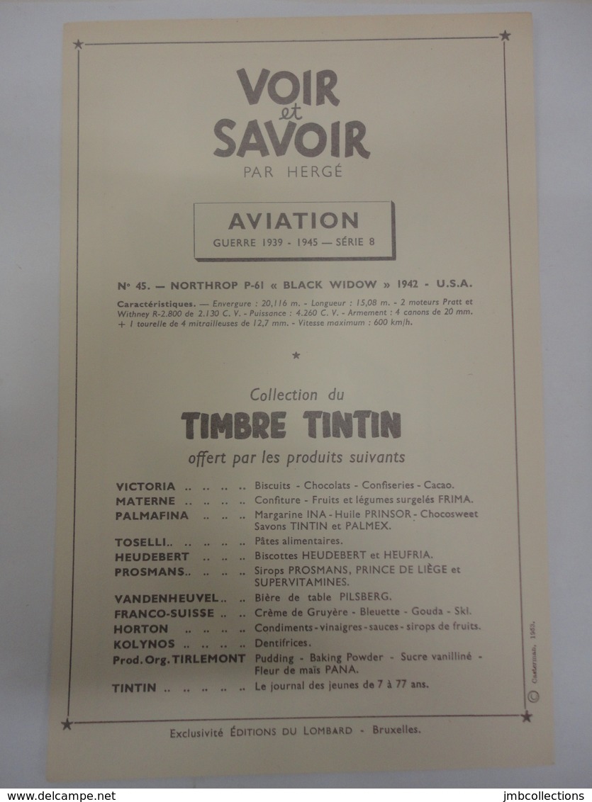 CHROMO TINTIN VOIR ET SAVOIR AVIATION GUERRE 1939-1945 SERIE 8 N°45 CASTERMAN 1953 - Autres & Non Classés