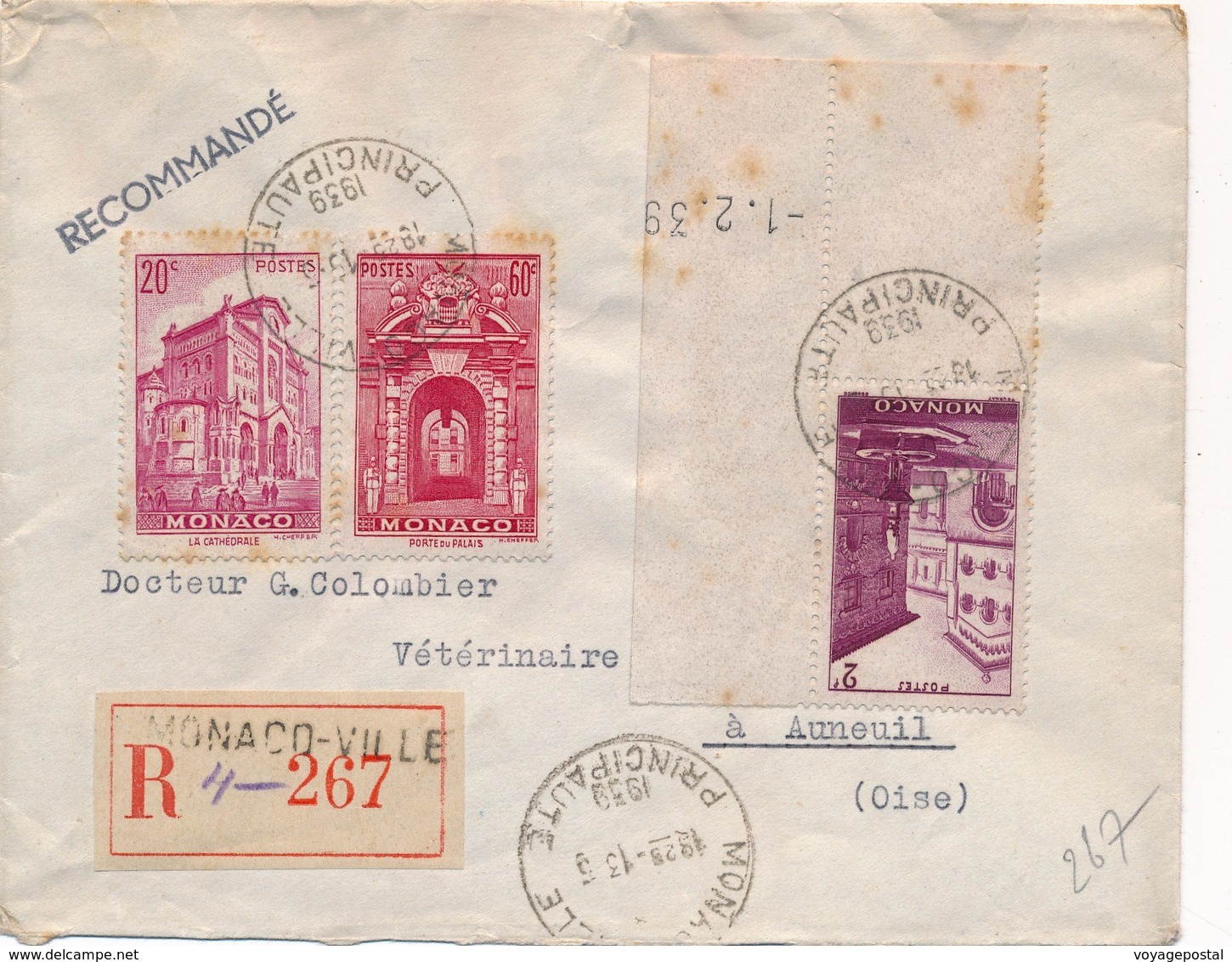 Lettre Recommandée Monaco Timbre Coin Daté Pour Auneuil 1939 - Lettres & Documents