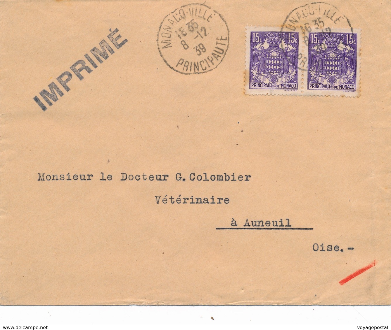 Lettre Imprimé Monaco 15c Paire Pour Auneuil 1939 - Lettres & Documents