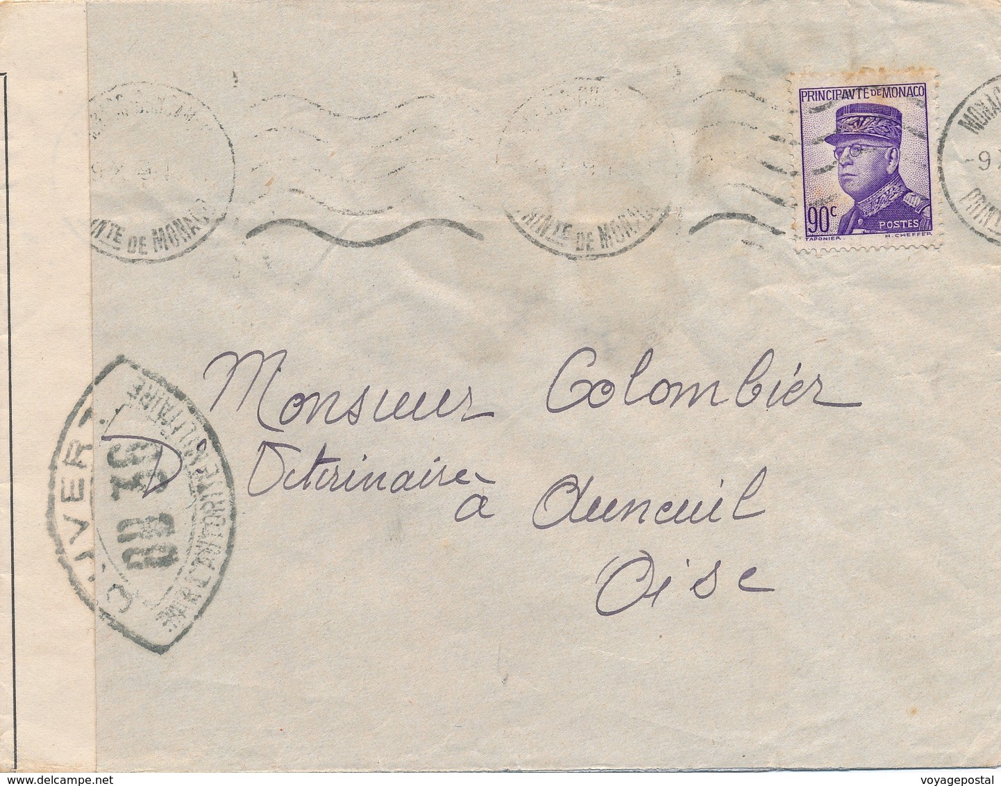 Lettre Censure Monaco 90c Pour Auneuil 1939 - Storia Postale