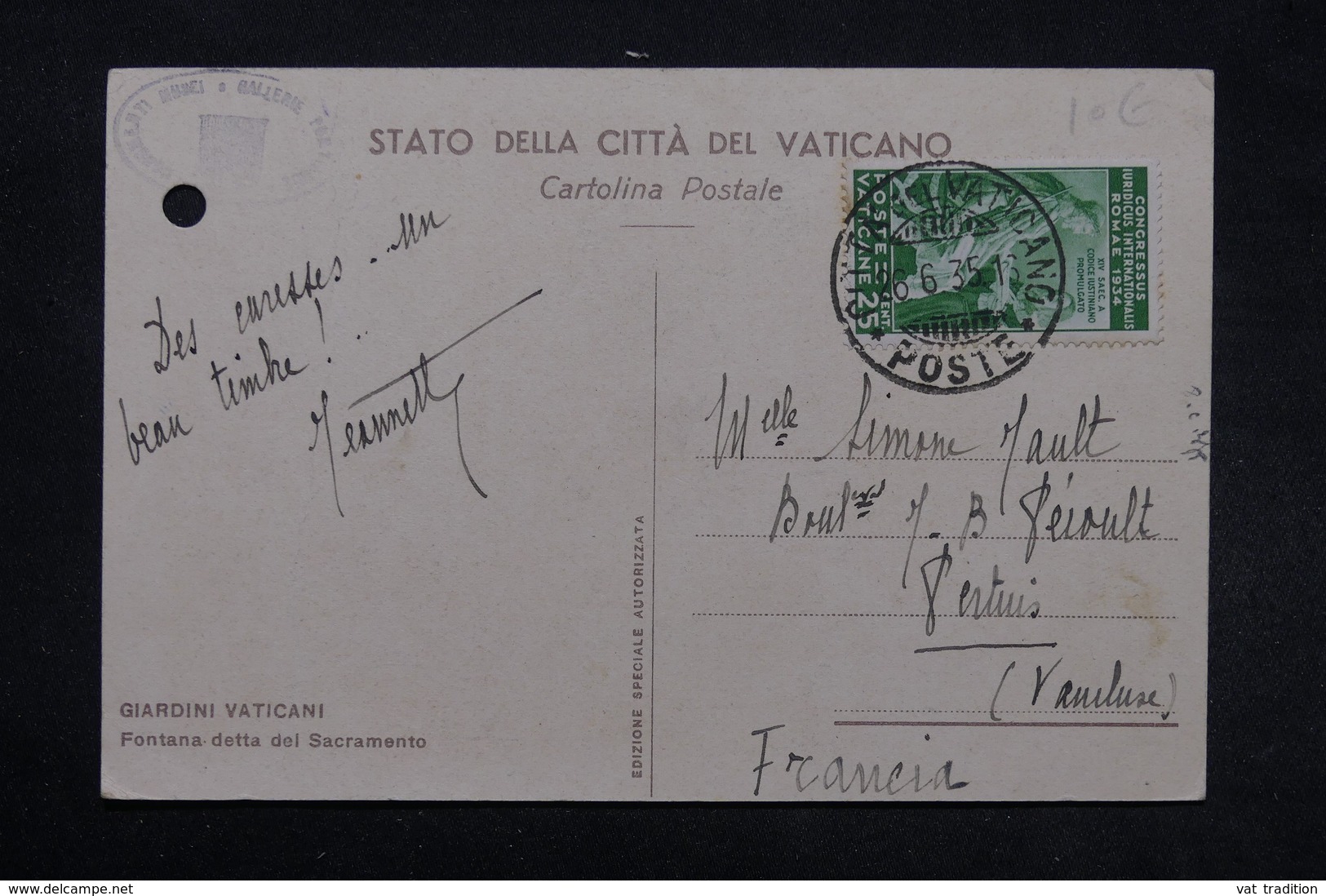 VATICAN - Affranchissement Plaisant Sur Carte Postale Du Vatican Pour La France En 1935 - L 27532 - Lettres & Documents