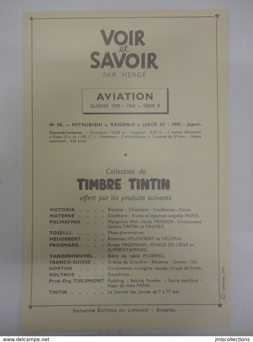 CHROMO TINTIN VOIR ET SAVOIR AVIATION GUERRE 1939-1945 SERIE 8 N°54 CASTERMAN 1953 - Autres & Non Classés