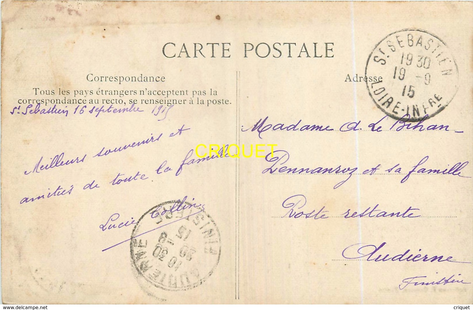 44 St Sébastien, Rue De La Mairie, Animée, Vieux Tacot, Buvette...., Carte Pas Courante Affranchie 1915 - Saint-Sébastien-sur-Loire