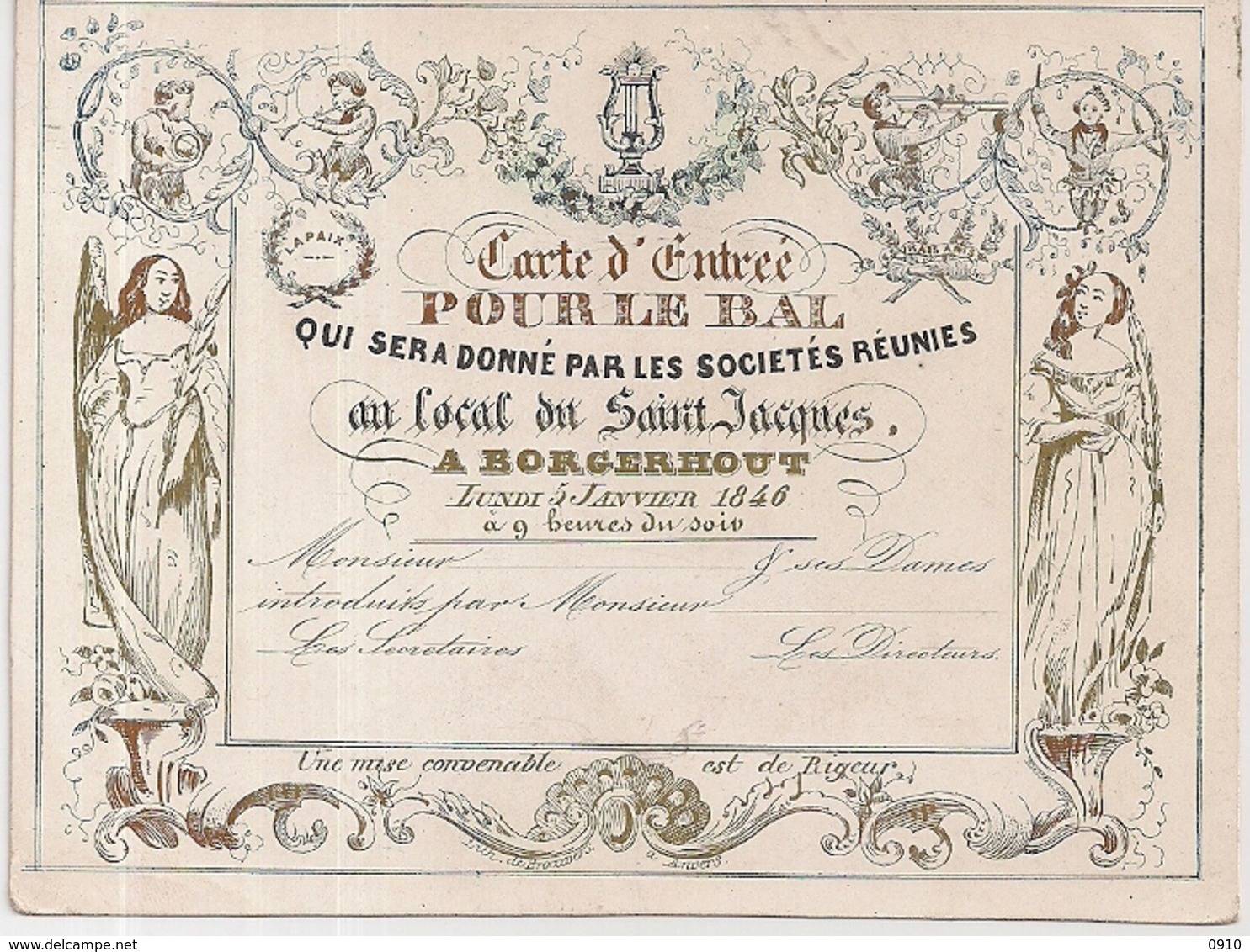 ANTWERPEN-ANVERS-BORGERHOUT " CARTE D'ENTREE-TOEGANGSKAART -BAL -1846"LITH.DE BROUWERS-130/97MM - Cartes Porcelaine