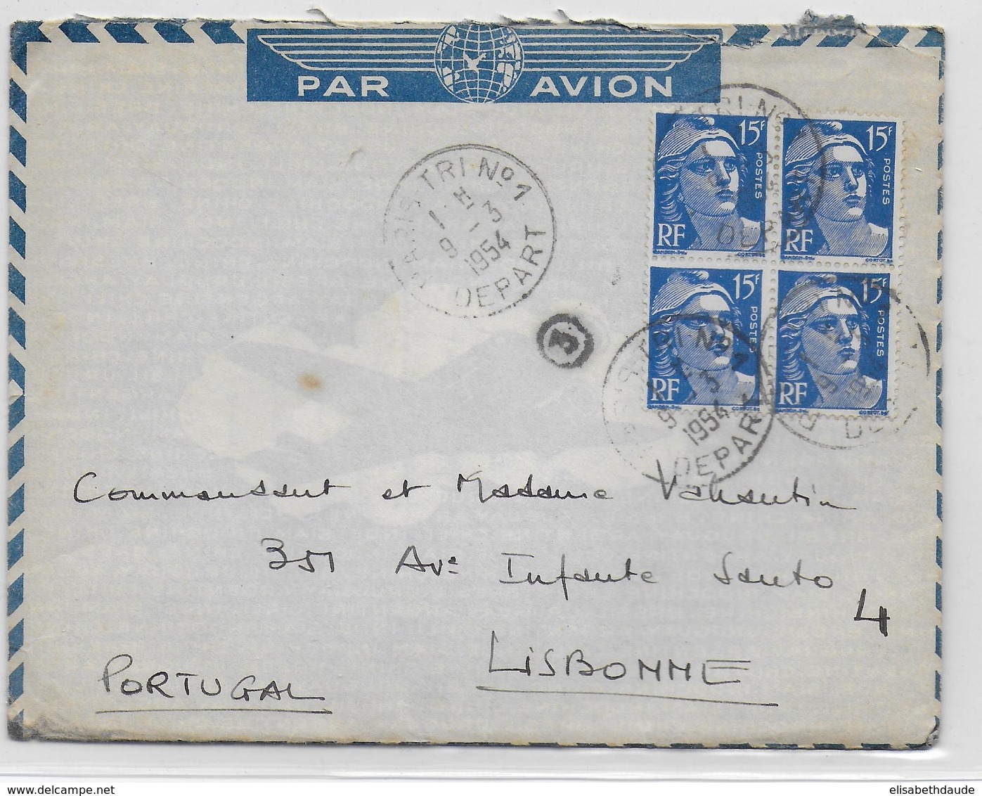 1954 - GANDON - BLOC De 4 Sur ENVELOPPE Par AVION De PARIS => LISBOA (PORTUGAL) - 1945-54 Marianne Of Gandon