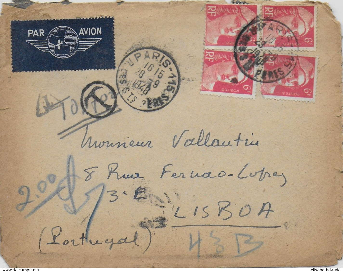 1948 - GANDON - ENVELOPPE Par AVION De PARIS Avec TAXE ! (VOIR TIMBRE-TAXE AU DOS) => LISBONNE (PORTUGAL) - 1945-54 Marianne De Gandon