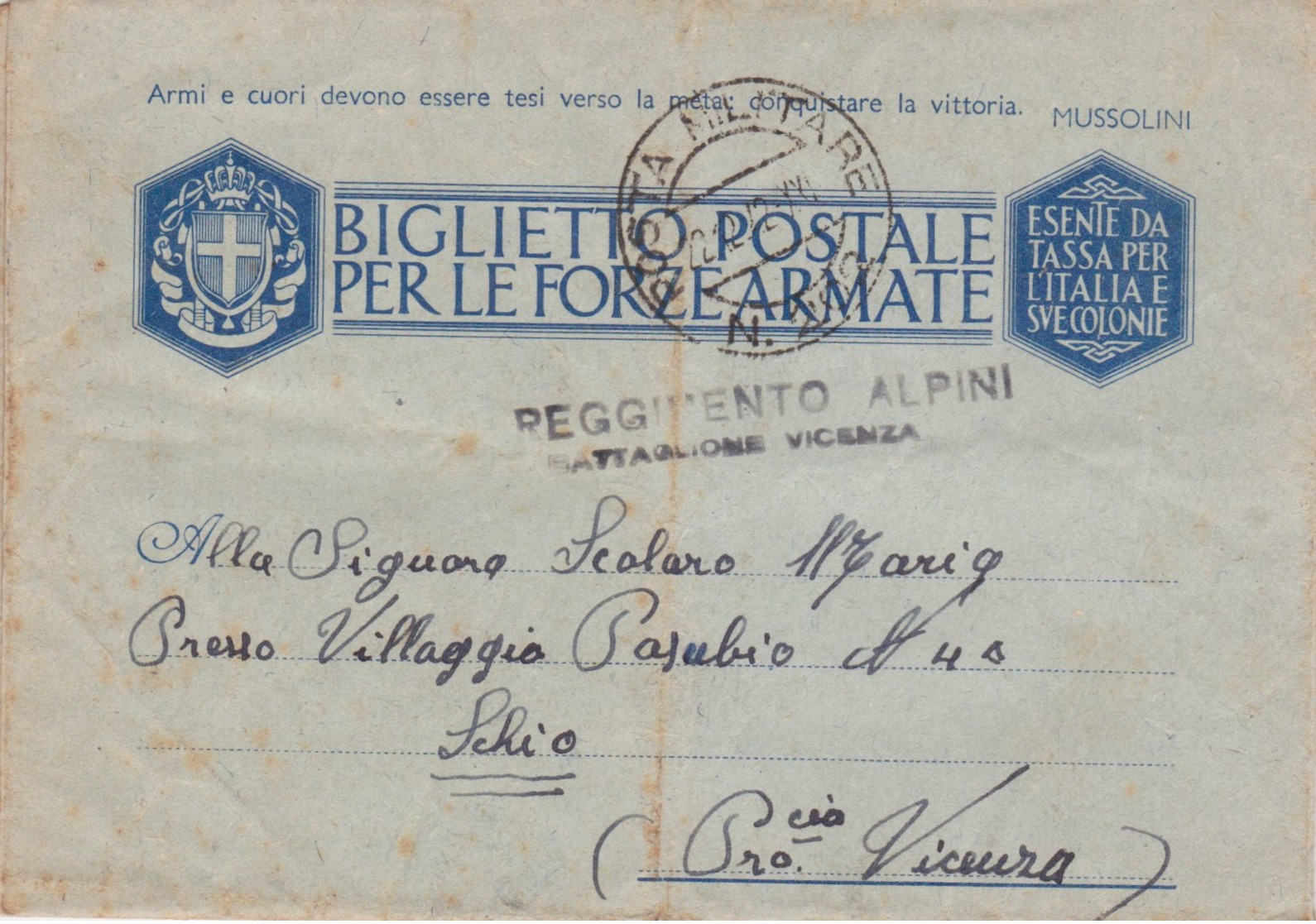 1942 POSTA MILITARE/N 202 C2 (22.12) E Lineare 9  Rgt Alpini Btg Vicenza Su Biglietto Franchigia - Storia Postale