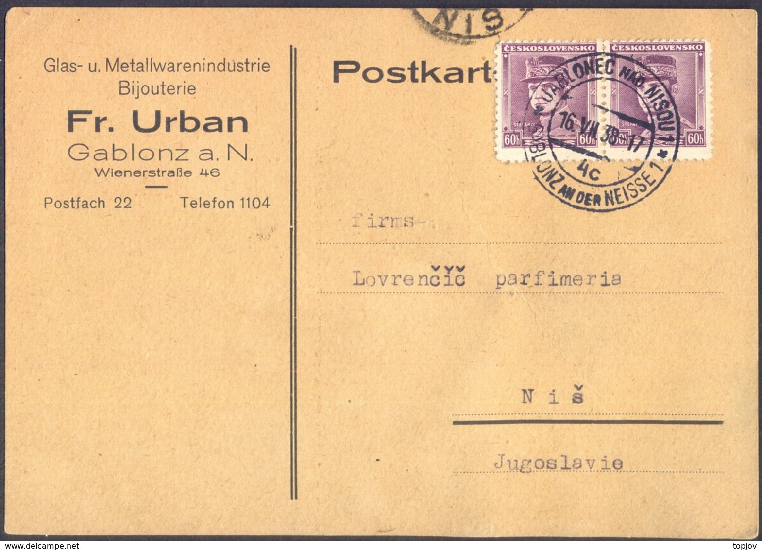 CZECHOSLOVAKIA - STEFANIK - JABLONEC Nad NISOU - 1938 - Storia Postale