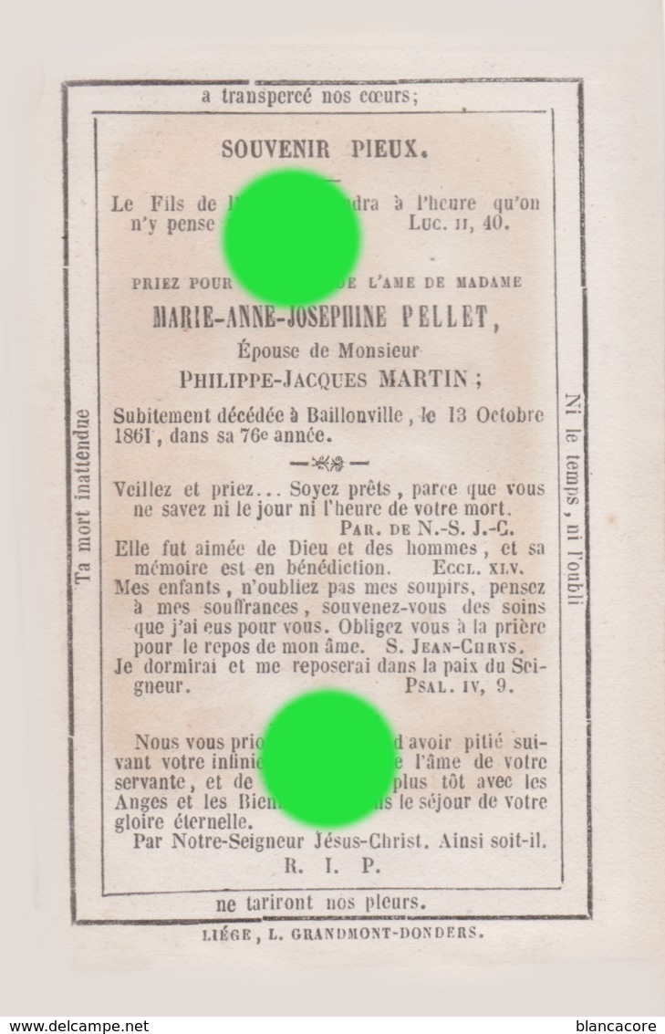 Baillonville Somme-Leuze 1861 Décès De Marie Pellet épouse De Philippe Jacques Martin RARE - Images Religieuses