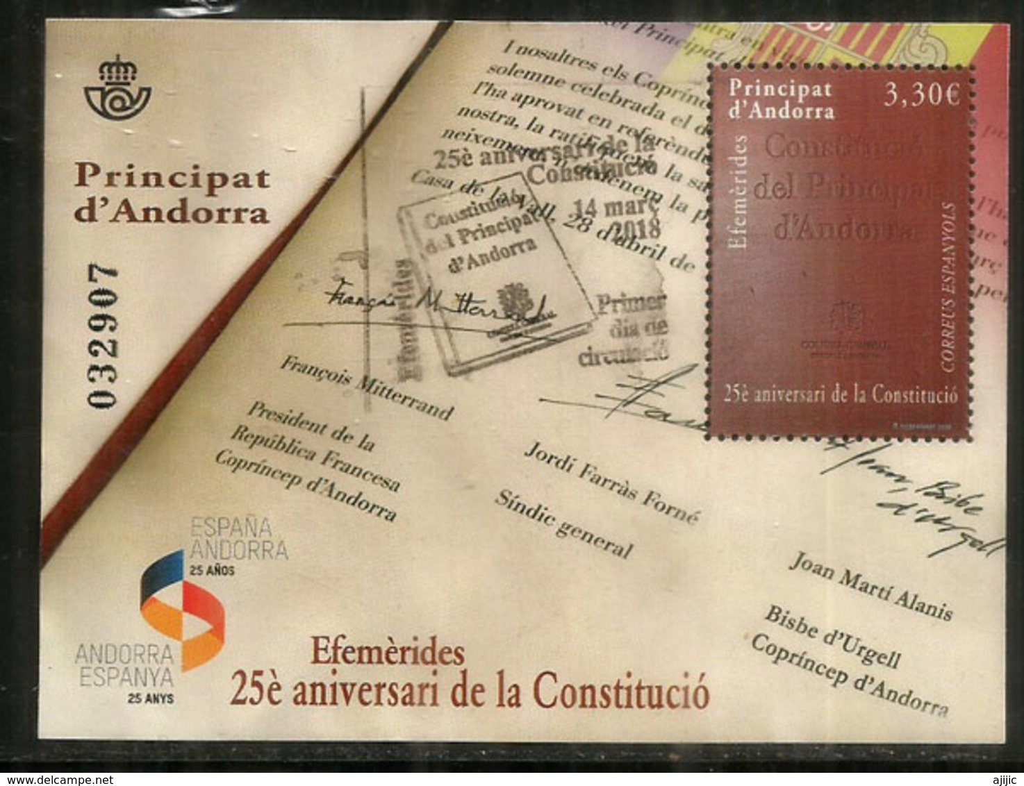 Constitution D'Andorre Annee 2018. Un Bloc-feuillet Oblitere,1 Ere Qualite.Haute Faciale.Signature F.Mitterrand.AND.ESP - Used Stamps