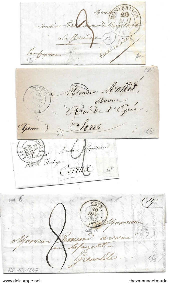 REF 1433 MARQUE POSTALE TAXE LAC CAD LOT DE 4 LETTRES - 1801-1848: Précurseurs XIX