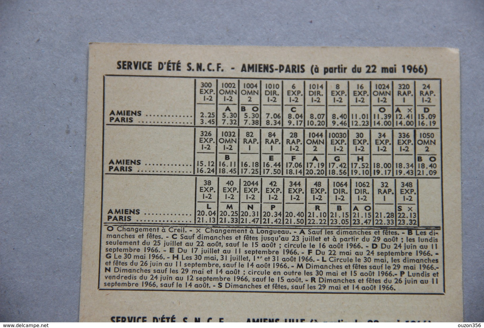 S.N.C.F Trains, Horaires Service D'été, Amiens-Paris-Lille-Boulogne, 1966 - Europe