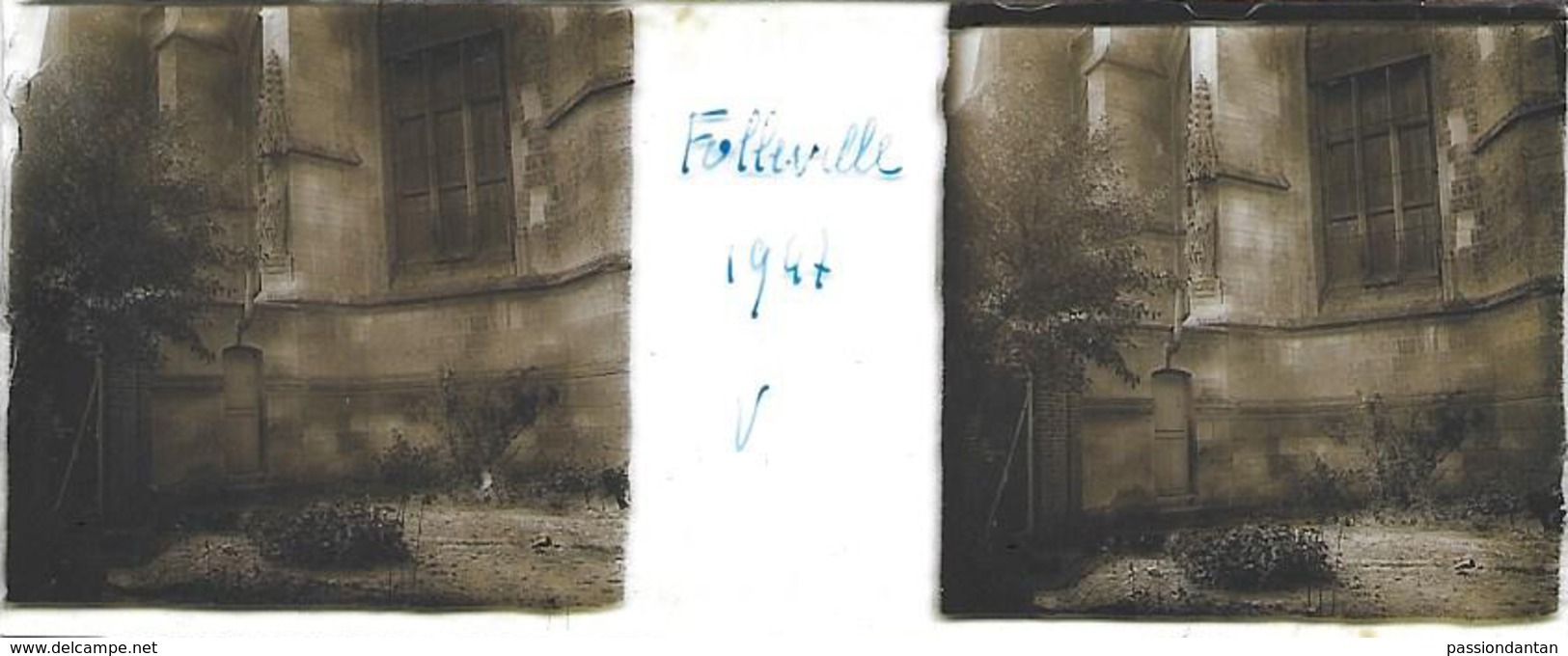 Plaque De Verre Stéréoscopique Positive - Année 1947 - Folleville - L'Église - Diapositiva Su Vetro