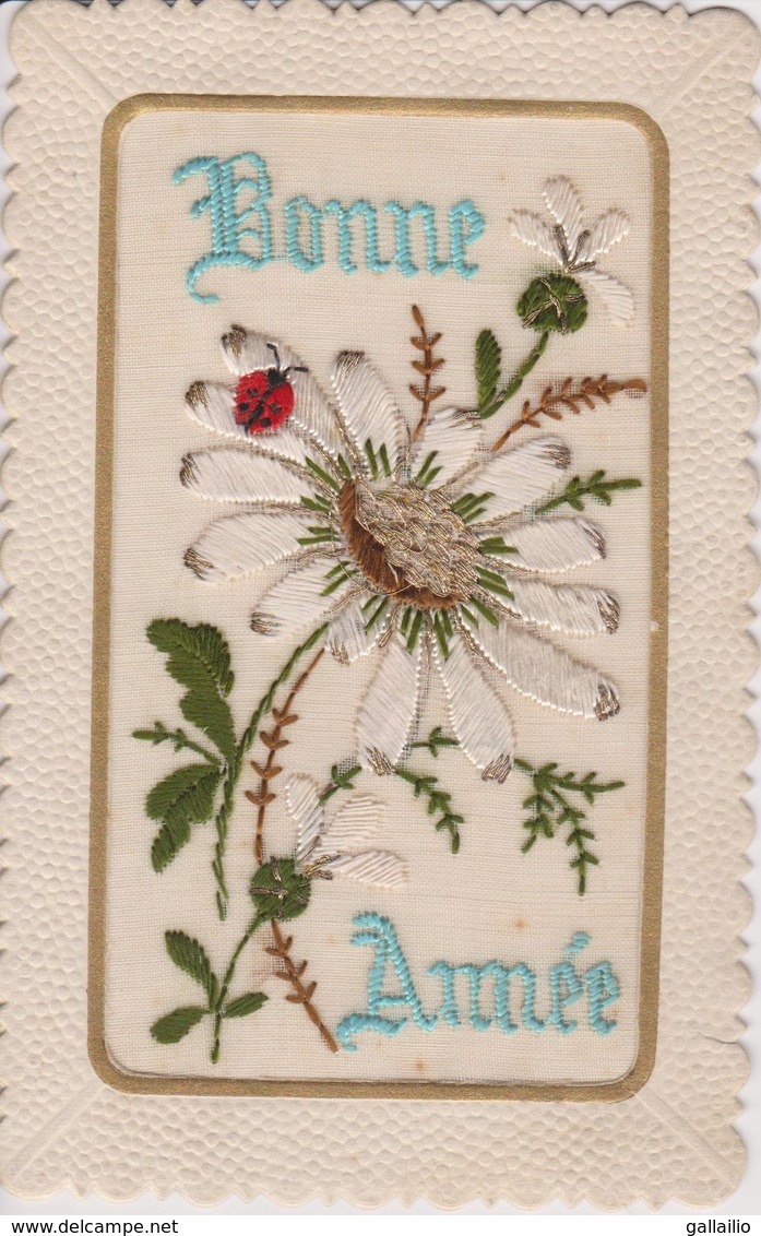 CARTE BRODEE FLEUR PAQUERETTE BONNE ANNEE - Brodées