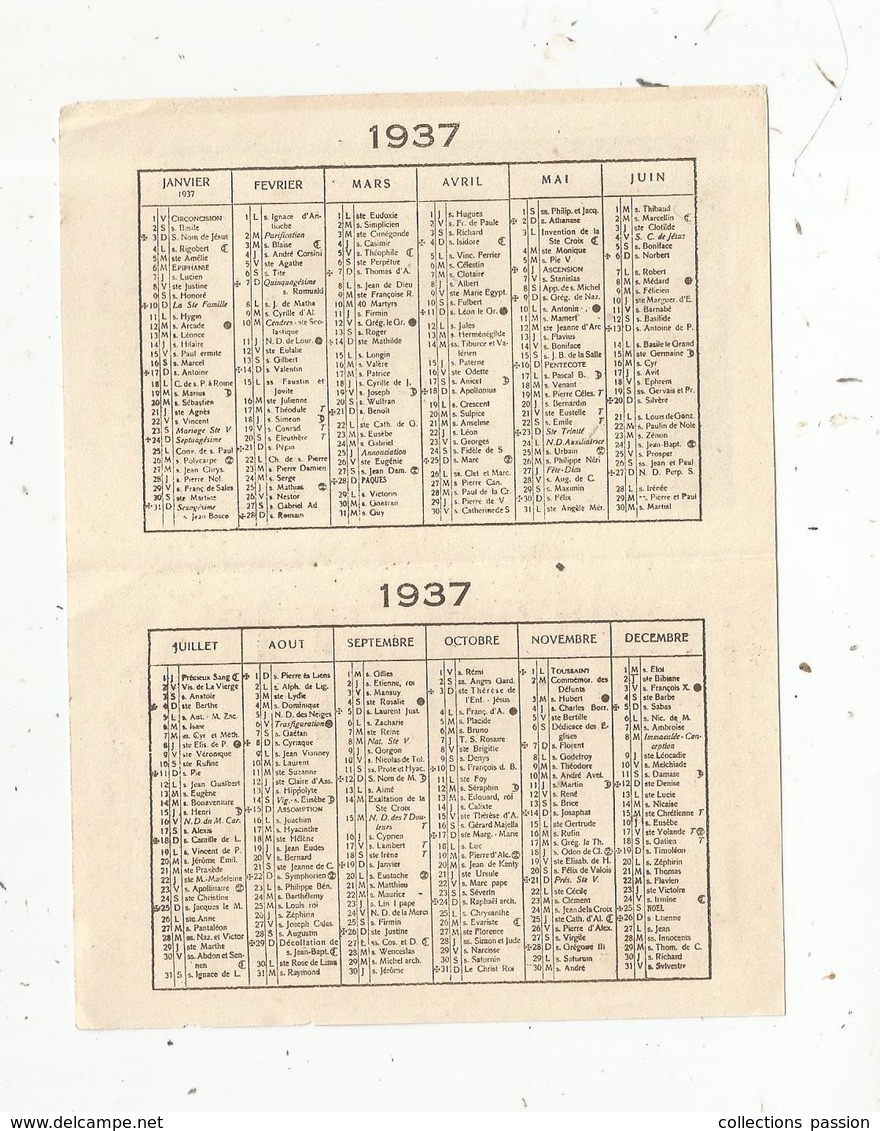 Calendrier ,petit Format , 1937, SAINT JEAN BOSCO ,oeuvres Et Missions, 4 Pages, 2 Scans - Petit Format : 1921-40