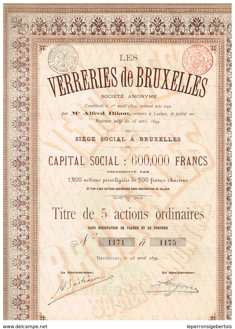 Titre Ancien - Les Verreries De Bruxelles Société Anonyme - Titre De 1899 - Industry