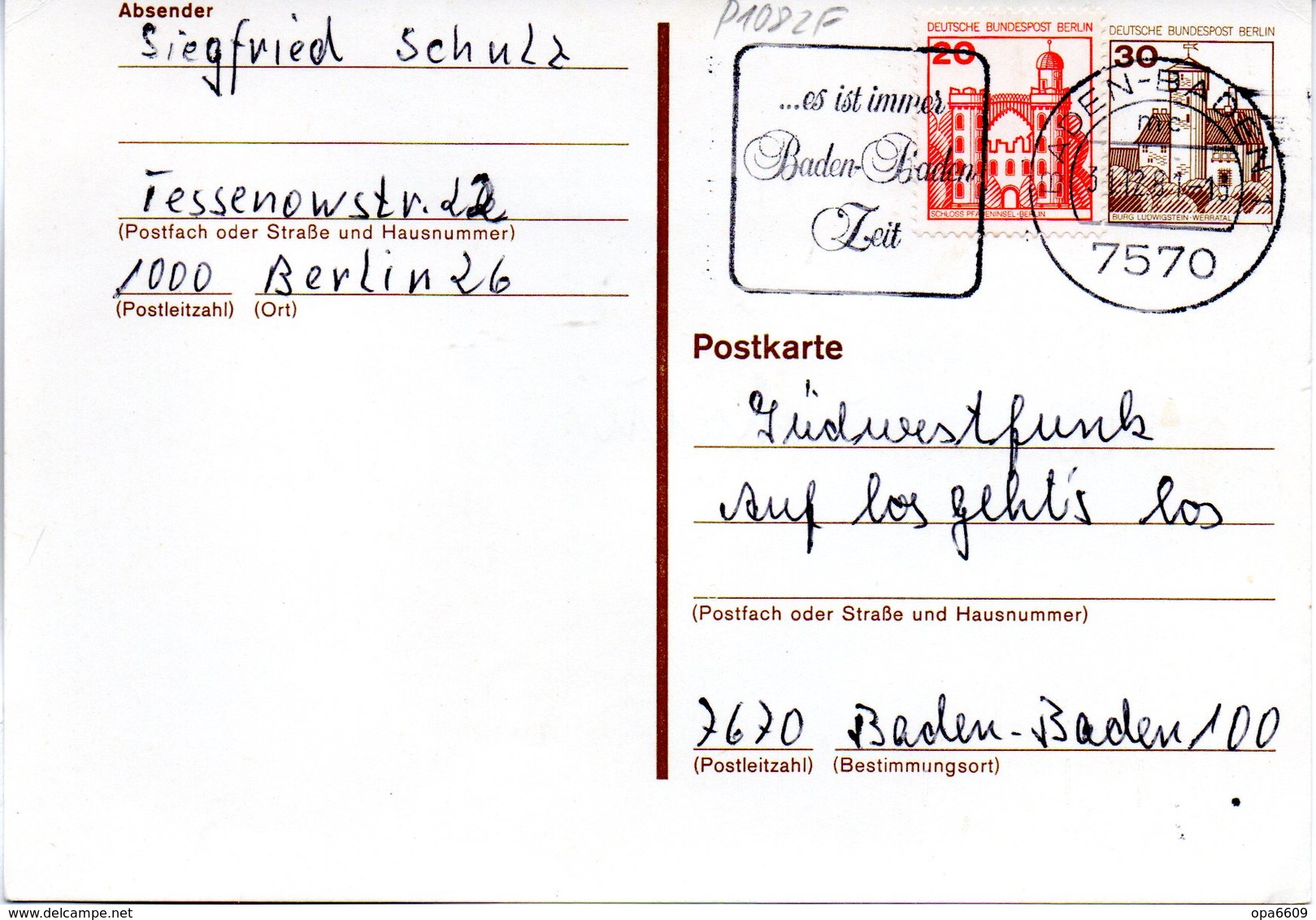 WB Amtliche Ganzsachen-Postkarte P108 ZF Wst."Burgen Und Schlösser"30(Pf) Gelboliv, MWSt 31.12.81 BADEN-BADEN - Cartes Postales - Oblitérées