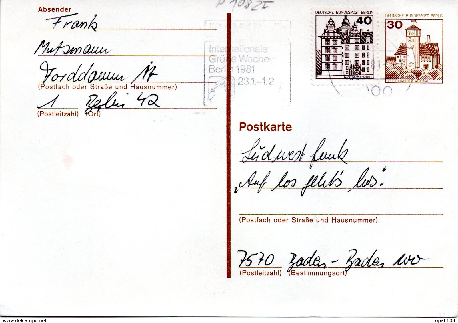 WB Amtliche Ganzsachen-Postkarte P108 ZF Wst."Burgen Und Schlösser"30(Pf) Gelboliv, MWSt 12.9.81 BERLIN - Postcards - Used