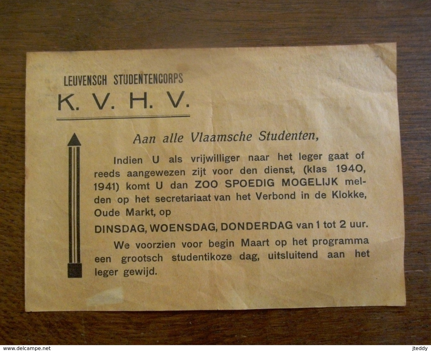 Mededeling  K . V . H . V . 1939  STUDENTENCORPS   LEUVEN - Autres & Non Classés