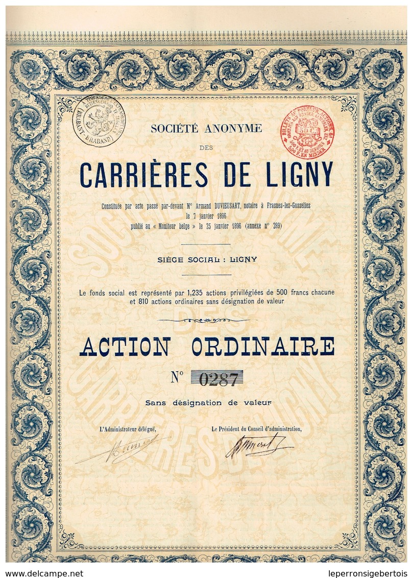 Titre Ancien - Société Anonyme  Des Carrières De Ligny - Titre De 1896 - Mines