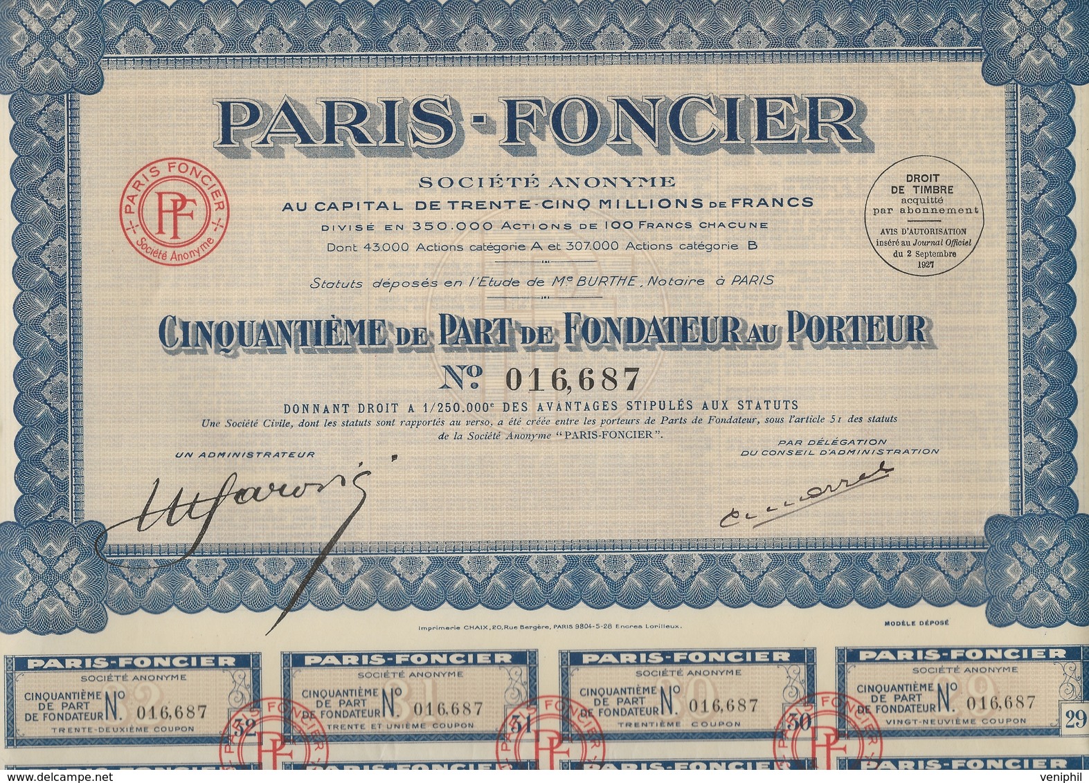 PARIS - FONCIER -LOT DE 10 ACTIONS DE CINQUANTIEME DE PART DE FONDATEUR -1927 - Banca & Assicurazione