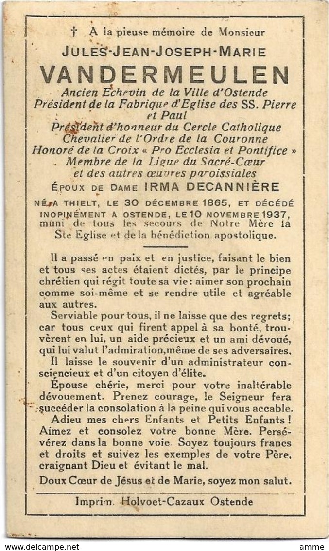 Doodsprentje  *  Vandermeulen Jules (° Tielt 1865 / + Oostende 1937)  X Decannière Irma (Echevin D'Ostende) - Religion & Esotérisme