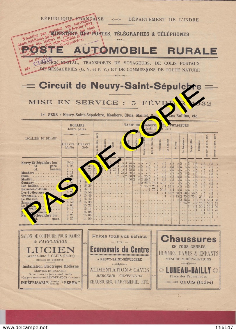 INDRE -POSTE AUTOMOBILE RURALE -1932- CIRCUIT DE NEUVY-SAINT-SEPULCHRE-- TARIFS ET HORAIRES- DOCUMENT RARE--4 PAGES TB- - Ohne Zuordnung