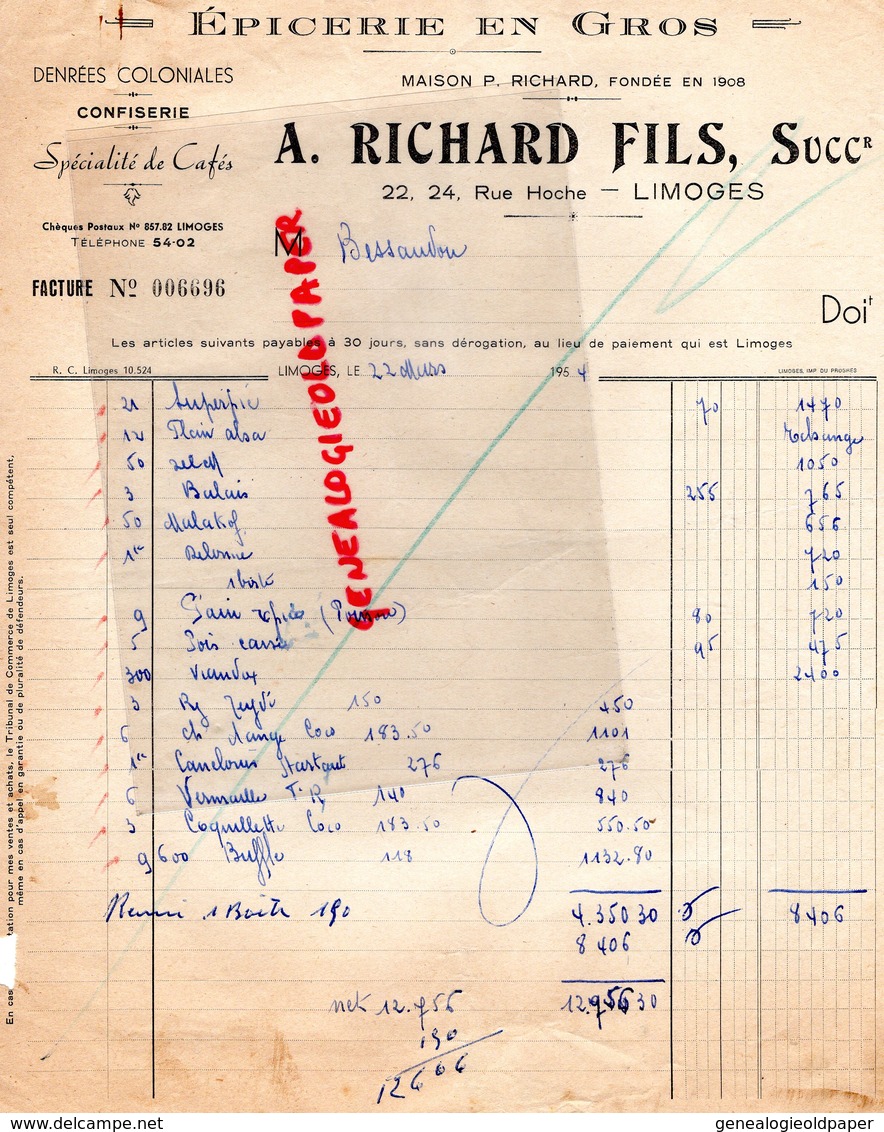 87 - LIMOGES - FACTURE A. RICHARD FILS- EPICERIE - DENREES COLONIALES CAFES- CONFISERIE-22 RUE HOCHE- 1954 - 1950 - ...