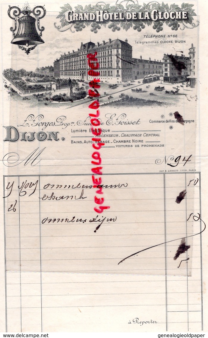 21 - DIJON - BELLE FACTURE GRAND HOTEL DE LA CLOCHE- E. GOISSET PROPRIETAIRE- L. GORGES- - 1900 – 1949