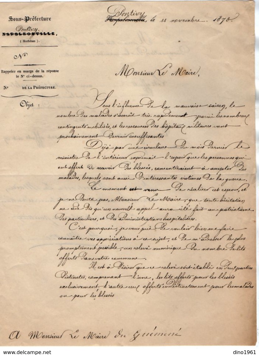 VP14.650 - PONTIVY 1870 - Guerre 1870 / 71 - Lettre Du Sous Préfet Objet Militaire à Mr Le Maire De GUEMENE - Historical Documents