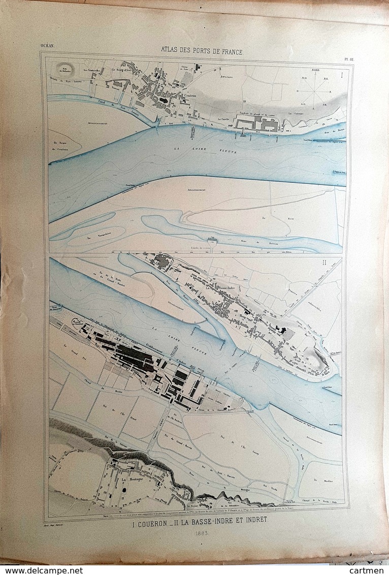 44 COUERON INDRE ET INDRET LOIRE ATLAN  PLAN DU PORT ET DE LA VILLE  EN 1883 DE L'ATLAS DES PORTS DE FRANCE 49 X 67 Cm - Cartes Marines