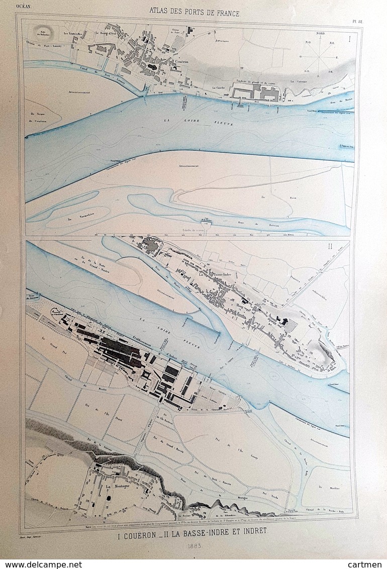 44 COUERON INDRE ET INDRET LOIRE ATLAN  PLAN DU PORT ET DE LA VILLE  EN 1883 DE L'ATLAS DES PORTS DE FRANCE 49 X 67 Cm - Nautical Charts