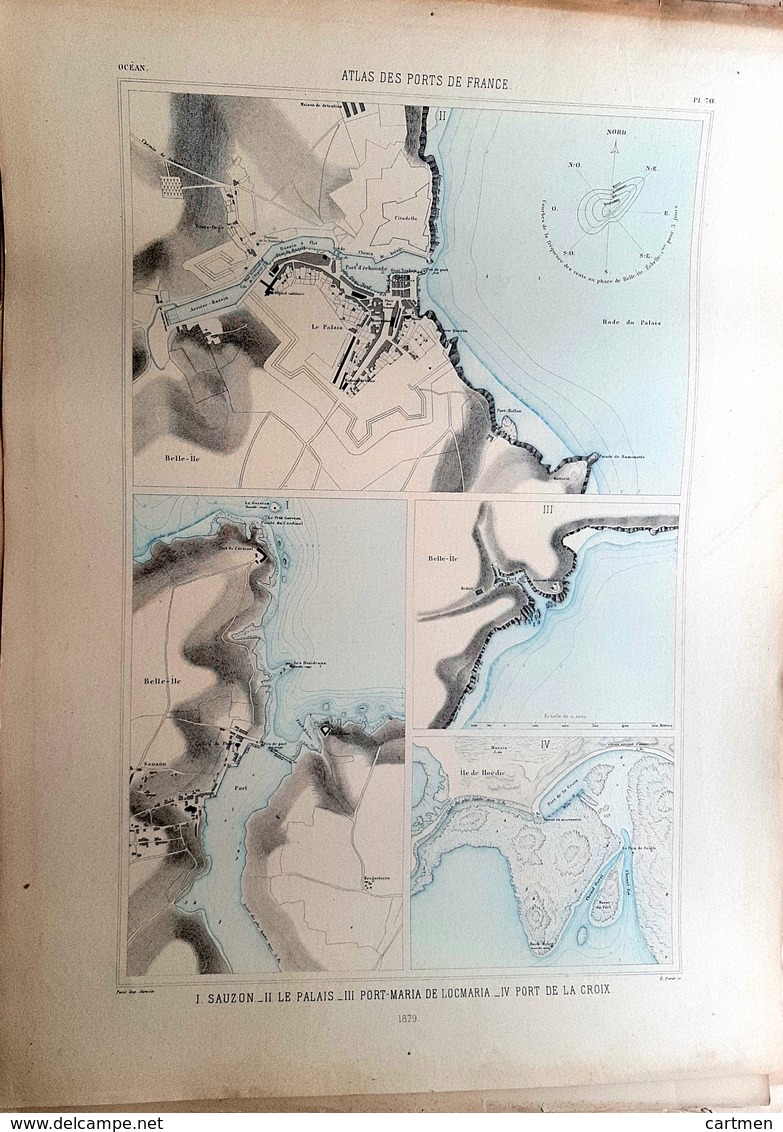 56 BELLE ILE SAUZON  PALAIS PORT MARIA  PLAN DU PORT ET DE LA VILLE  EN 1879 DE L'ATLAS DES PORTS DE FRANCE 49 X 67 Cm - Cartas Náuticas