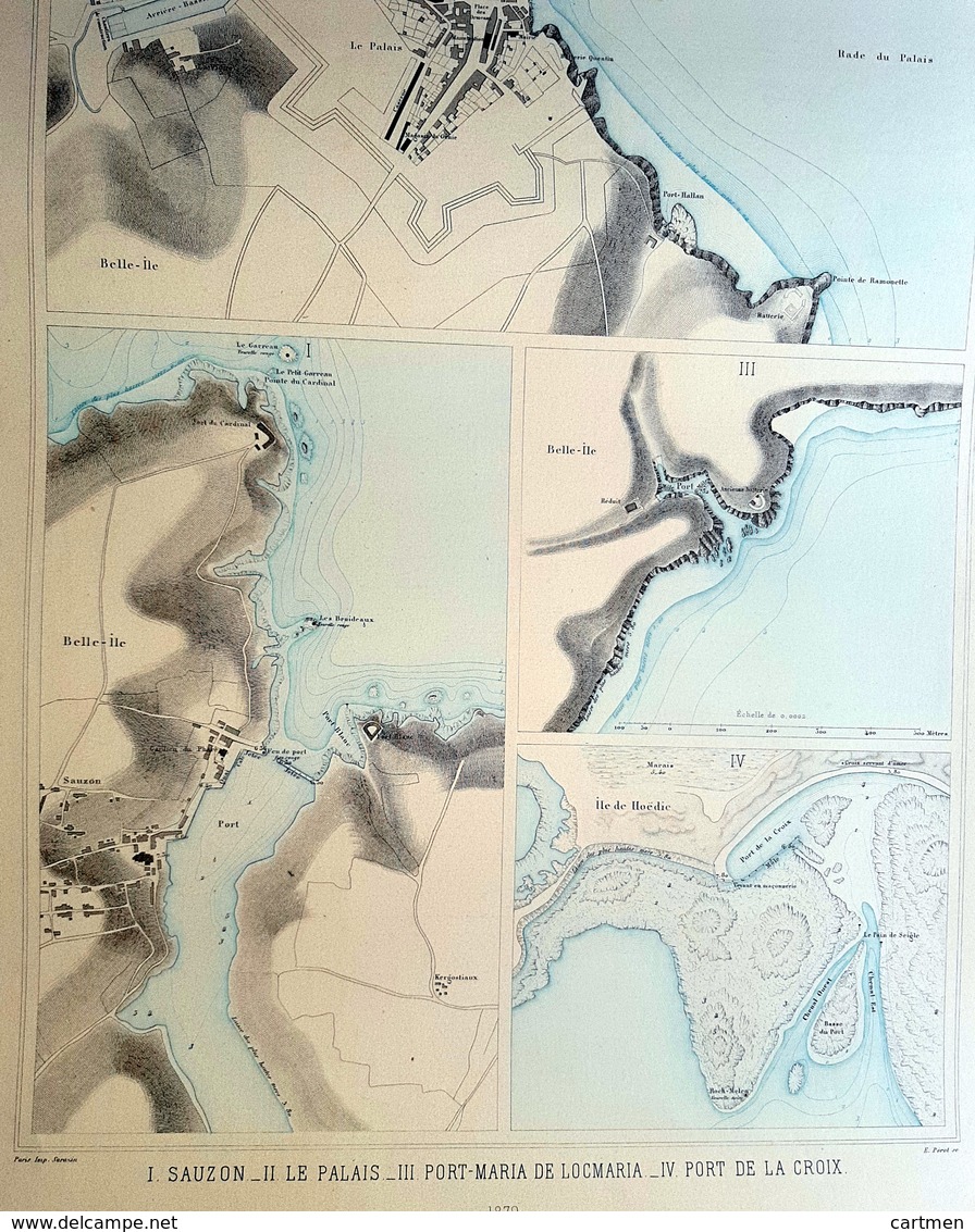 56 BELLE ILE SAUZON  PALAIS PORT MARIA  PLAN DU PORT ET DE LA VILLE  EN 1879 DE L'ATLAS DES PORTS DE FRANCE 49 X 67 Cm - Seekarten