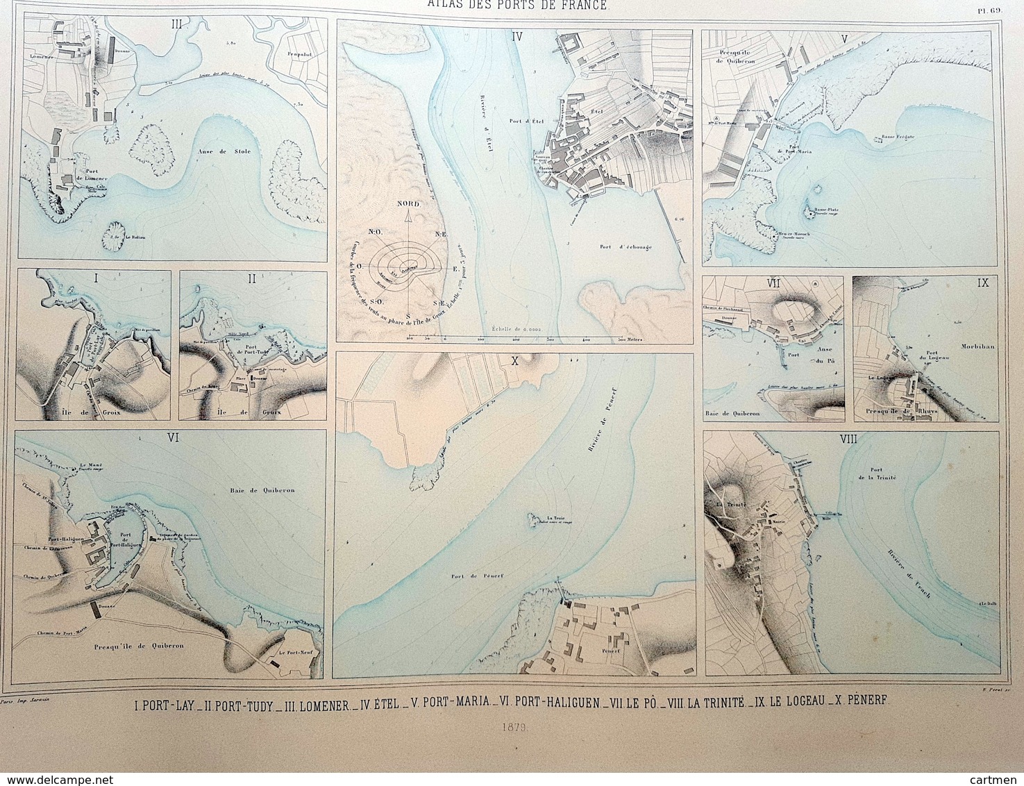 29 PORT LAY TUDY LOMENER PENERF LE PO  PLAN DU PORT ET DE LA VILLE  EN 1879 DE L'ATLAS DES PORTS DE FRANCE 49 X 67 Cm - Cartas Náuticas