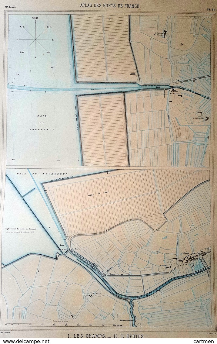 17 LES CHAMPS L'EPOIDS   PLAN DU PORT ET DE LA VILLE  EN 1882 DE L'ATLAS DES PORTS DE FRANCE 49 X 67 Cm - Cartes Marines