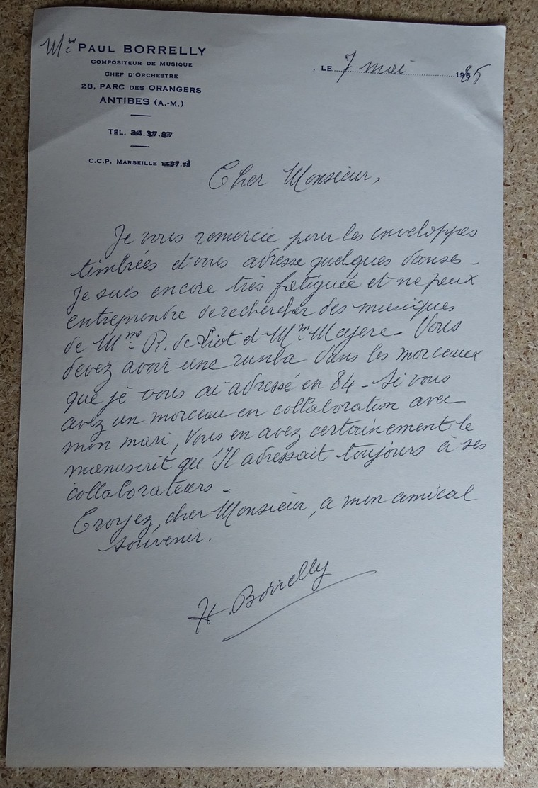 Ancien Courrier Entête Paul Borelly - Compositeur De Musique - Courrier Manuscrit Signé 1985 (2) - Objets Dérivés