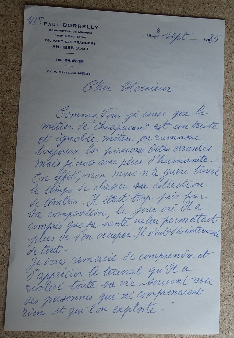 Ancien Courrier Entête Paul Borelly - Compositeur De Musique - Courrier Manuscrit Signé 1985 (5) - Objets Dérivés